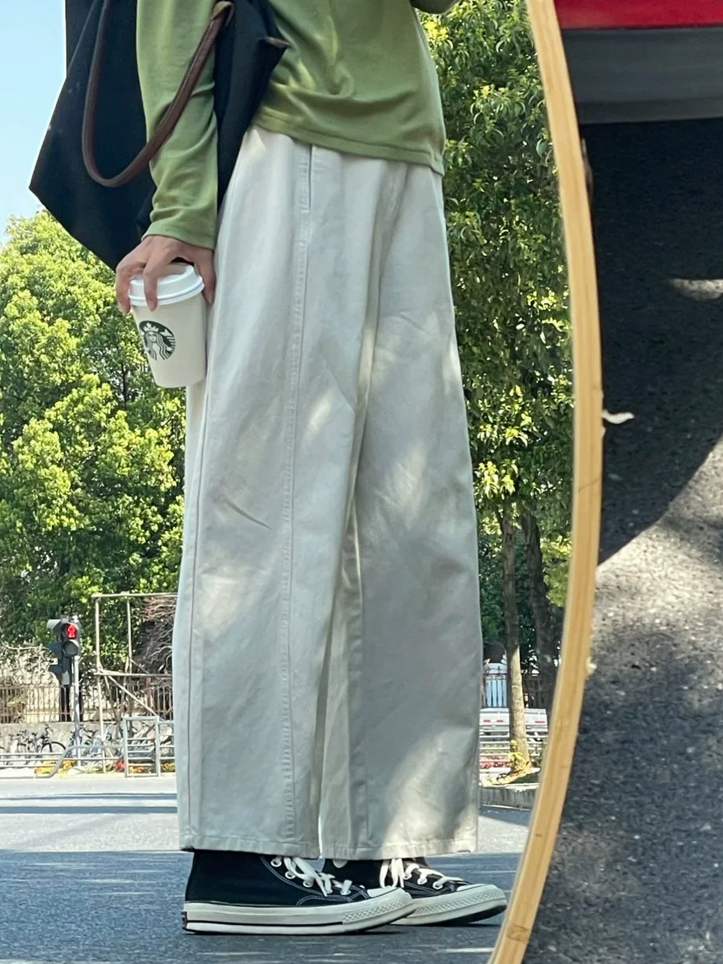 Quần ống rộng lưng cao kiểu Nhật dành cho nữ, cỡ lớn, quần chín phần dành cho người có thân hình quả lê, che hông, giảm béo, quần cargo ống thẳng