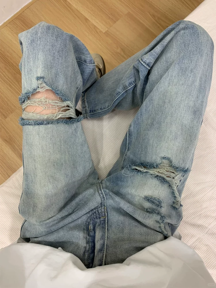 Quần jean xanh vintage rách gối dáng thẳng dành cho nữ, kiểu dáng mùa hè mới, size lớn, dáng quả lê, cạp cao, quần ống rộng tôn dáng