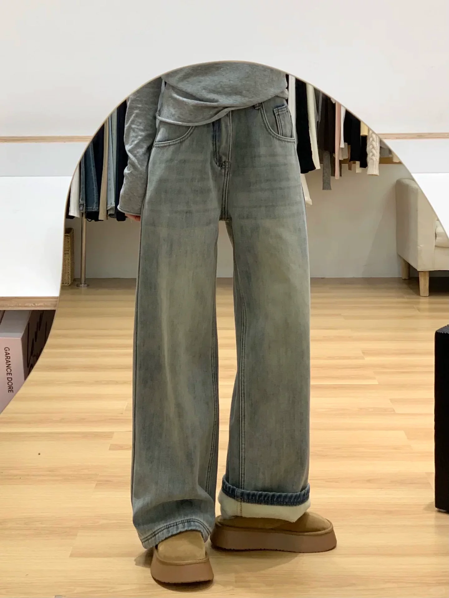 Quần jean ống đứng cổ điển dành cho nữ, lót lông cừu, dày, cỡ lớn, lưng cao, rộng rãi, tôn dáng, dành cho người có thân hình quả lê, quần ống rộng