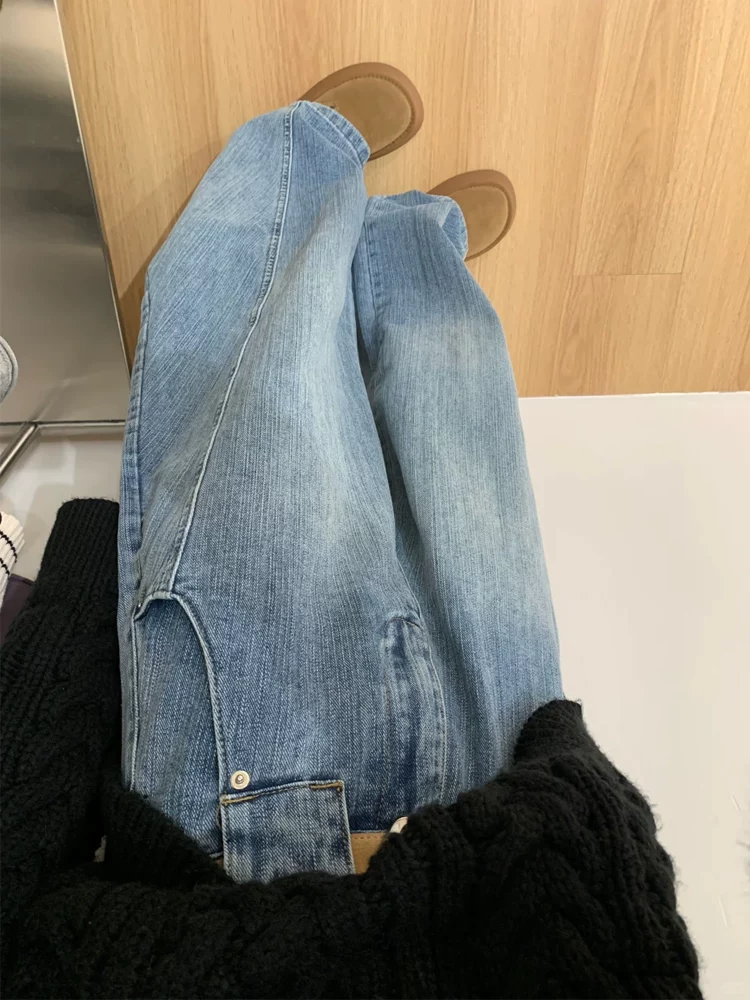 Quần jean kiểu cổ điển Mỹ dành cho nữ, phong cách thu đông mới, cỡ lớn, lưng cao, dáng rộng, che hông, giảm béo, quần ống rộng