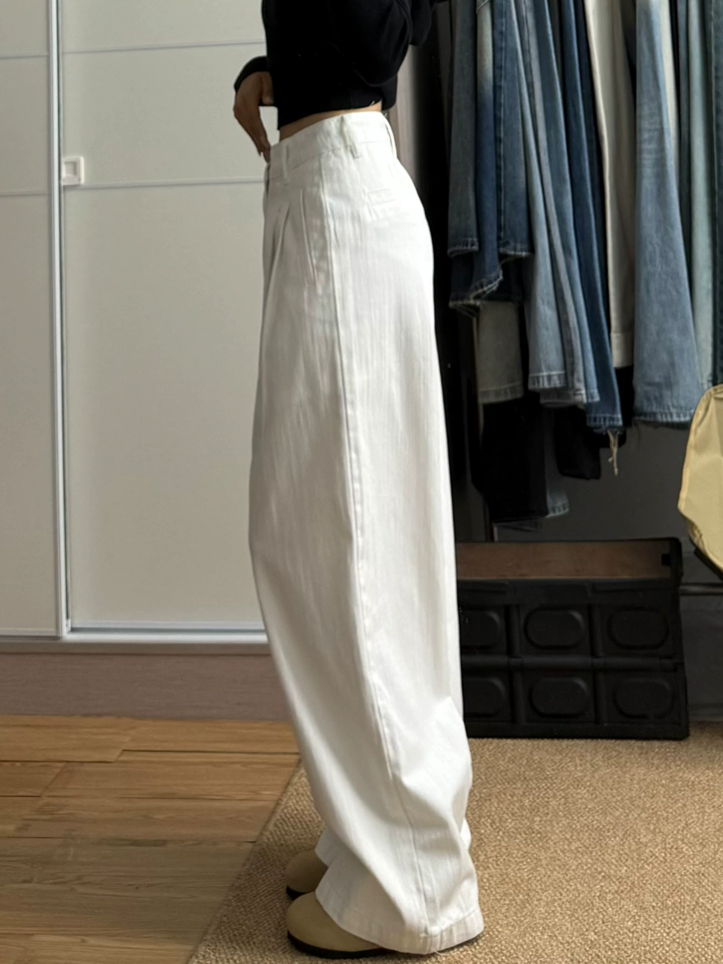 Quần jean ống rộng màu trắng cho nữ, phong cách mùa thu, cỡ lớn, lưng cao, dáng suôn, rộng rãi, tôn dáng, dáng quả lê, quần ống thẳng