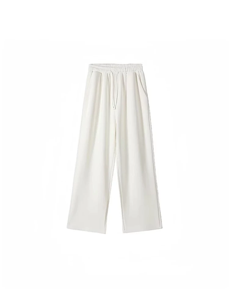 Quần thể thao màu trắng dành cho nữ, kiểu dáng mỏng mùa hè, cỡ lớn, lưng cao, dáng rộng, giảm béo, dáng quả lê, quần dài ống rộng.