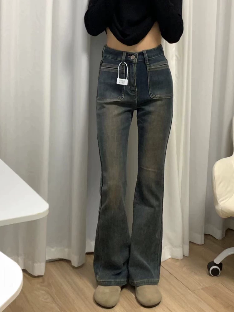 Quần jean ống đứng loe dành cho nữ, mùa thu đông, cỡ lớn, dày dặn có lót lông cừu, không bó sát ở chân, cạp cao, co giãn, quần ống loe che hông.
