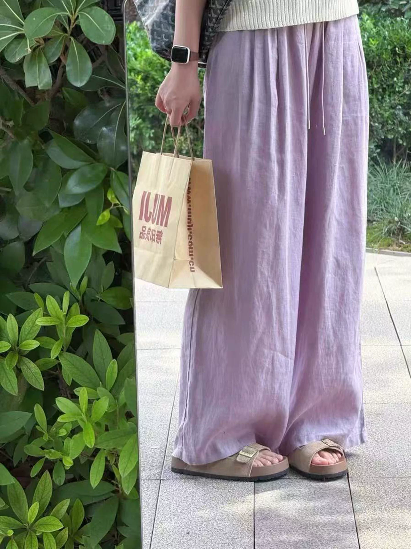 Quần vải lanh màu hồng tím dành cho nữ, kiểu dáng mỏng mùa hè 2025, cỡ lớn, lưng cao, che hông, tôn dáng, quần ống rộng thoải mái