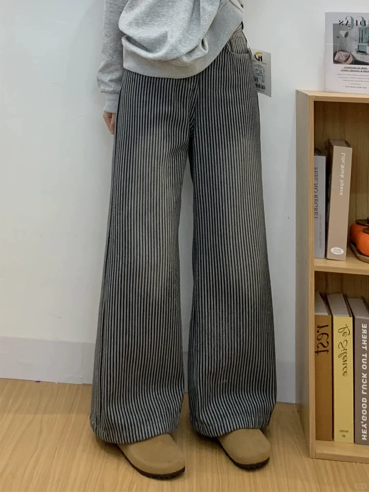 Quần jean ống rộng sọc đen xám dành cho nữ, mùa thu đông, cỡ lớn, lưng cao, dáng rộng, dáng suông, có lót lông cừu, dày dặn, quần ống thẳng.