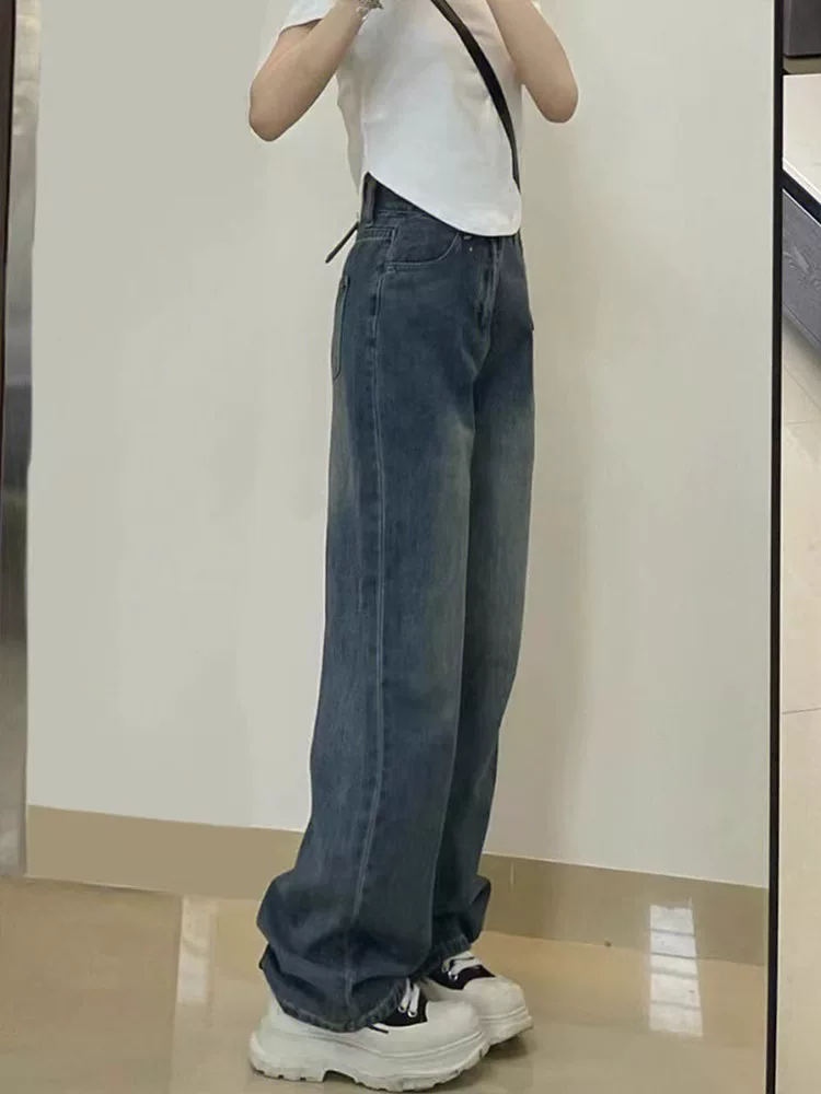 Quần jean ống đứng màu xanh cổ điển hình quả lê dành cho nữ phong cách đầu thu cỡ lớn hơi mũm mĩm mm quần ống rộng lưng cao dáng rộng giảm béo