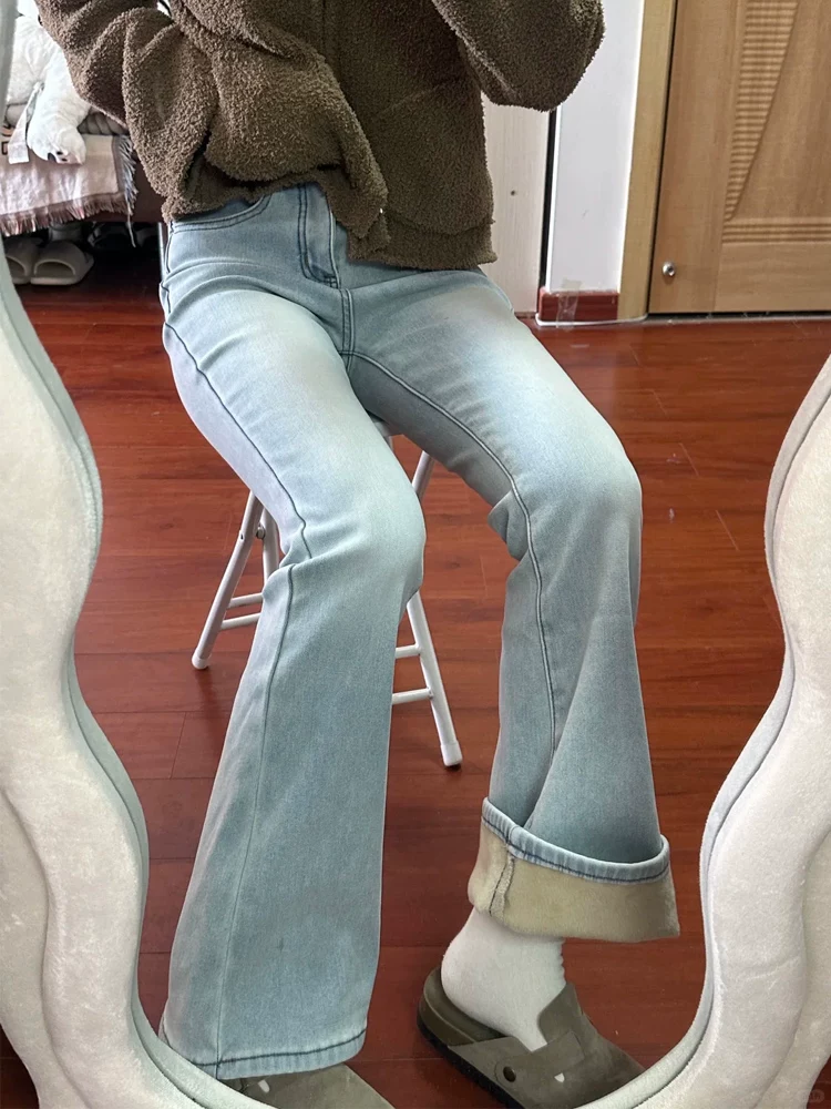 Quần jean ống loe dày lót lông cừu dành cho nữ, mùa thu đông, cỡ lớn, lưng cao, co giãn, giảm béo, dáng quả lê, quần ống chuông