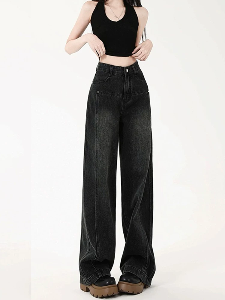 Quần jean ống thẳng màu đen và xám dành cho nữ, cỡ lớn, lót lông cừu, lưng cao, dáng rộng, thon gọn, ống rộng, quần dài đến sàn