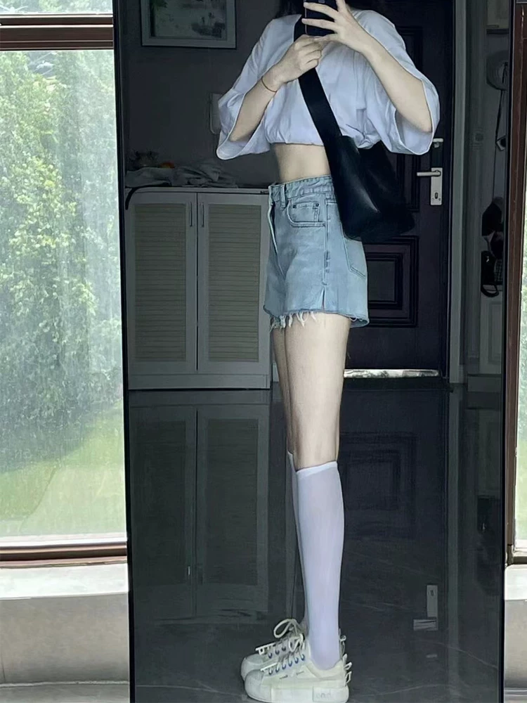 Quần short denim xẻ tà hình quả lê dành cho nữ, cỡ lớn mùa hè, lưng cao, dáng rộng, che hông, quần ống rộng chữ A tôn dáng