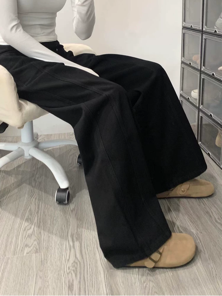 Quần jeans đen dáng thẳng nữ mùa thu đông 2024, size lớn, cạp cao, rộng rãi, tôn dáng, kiểu dáng chữ A, ống rộng