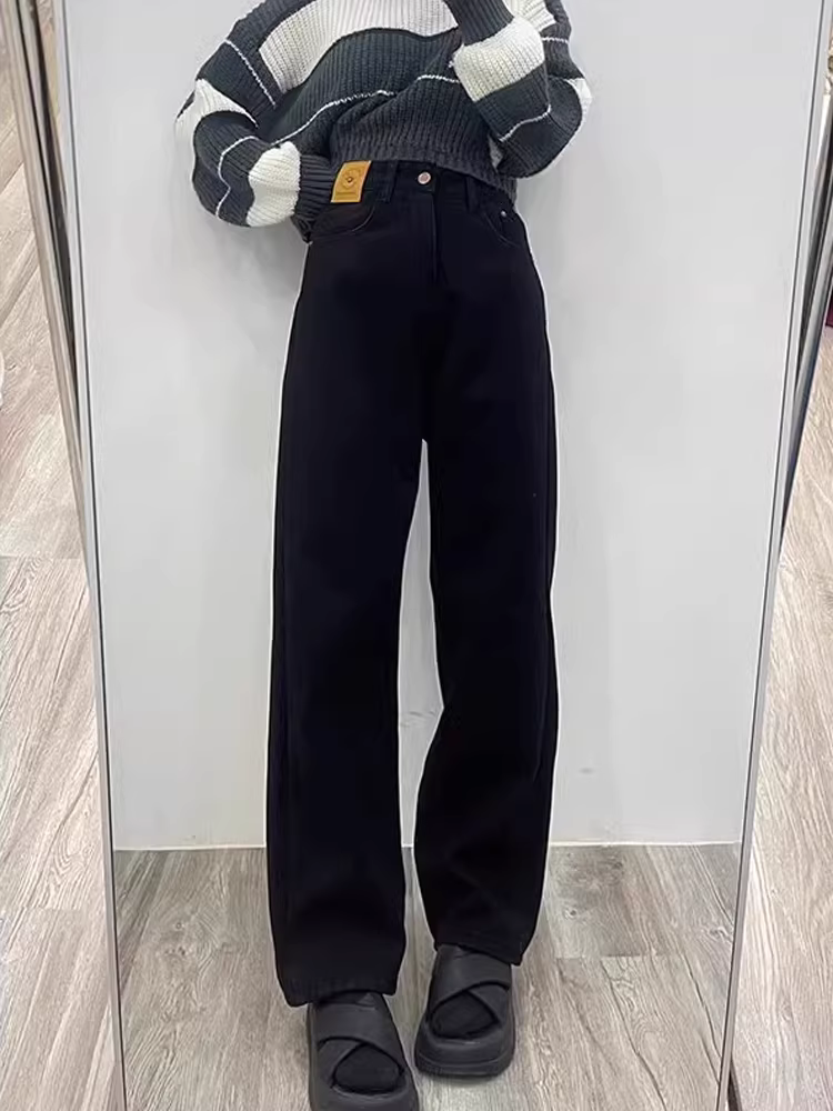 Quần jeans đen ống đứng nữ thu đông 2024, size lớn, chất liệu dày dặn lót lông, cạp cao, dáng rộng, tôn dáng, dài.