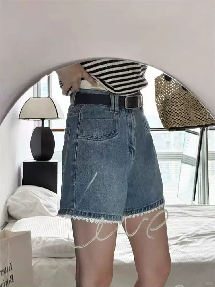Quần short denim viền ren dành cho nữ, phong cách mùa hè, cỡ lớn, lưng cao, co giãn, che hông, giảm béo, quần ống rộng chữ A.