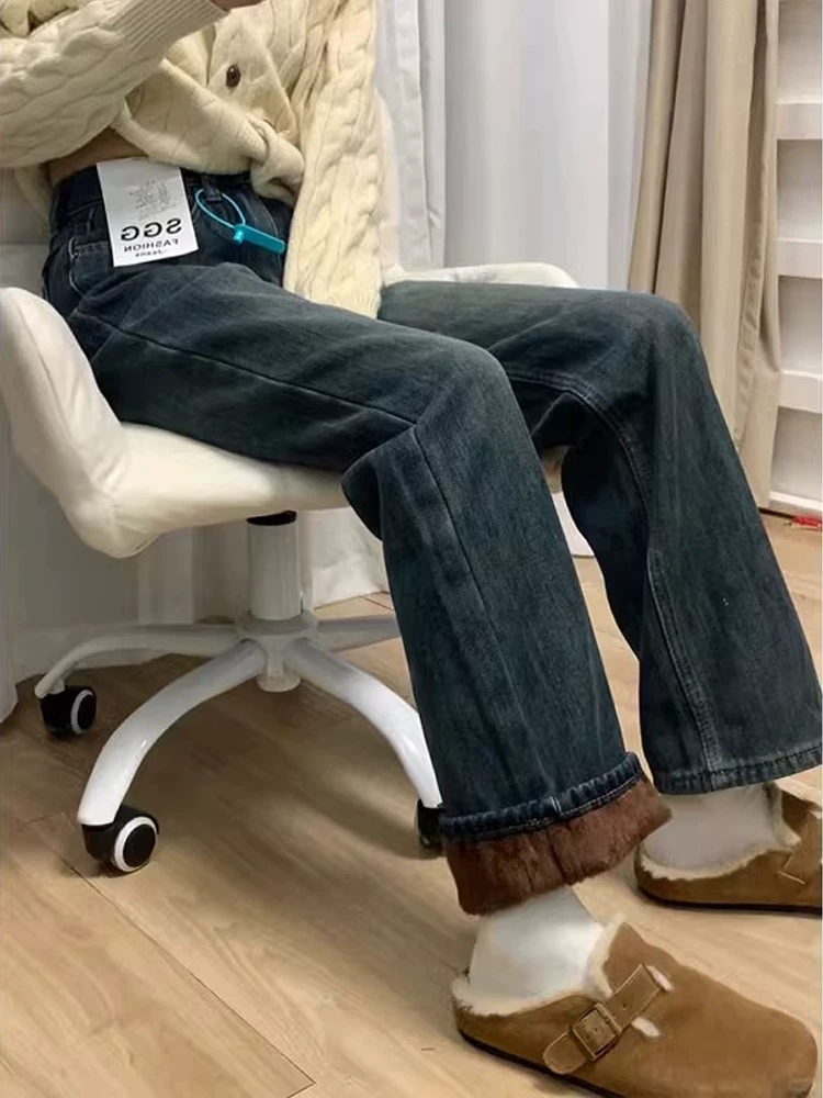 Quần jean ống thẳng dày dặn, lót lông cừu, dáng quả lê dành cho nữ, size lớn mùa đông, cạp cao, rộng rãi, tôn dáng, quần ống rộng.