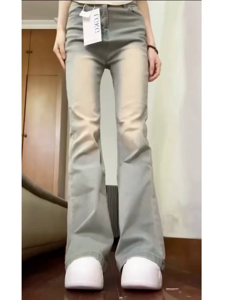 Quần jean ống loe kiểu Mỹ dành cho nữ, đầu thu, cỡ lớn, lưng cao, co giãn, giảm béo, dáng quả lê, quần ống loe