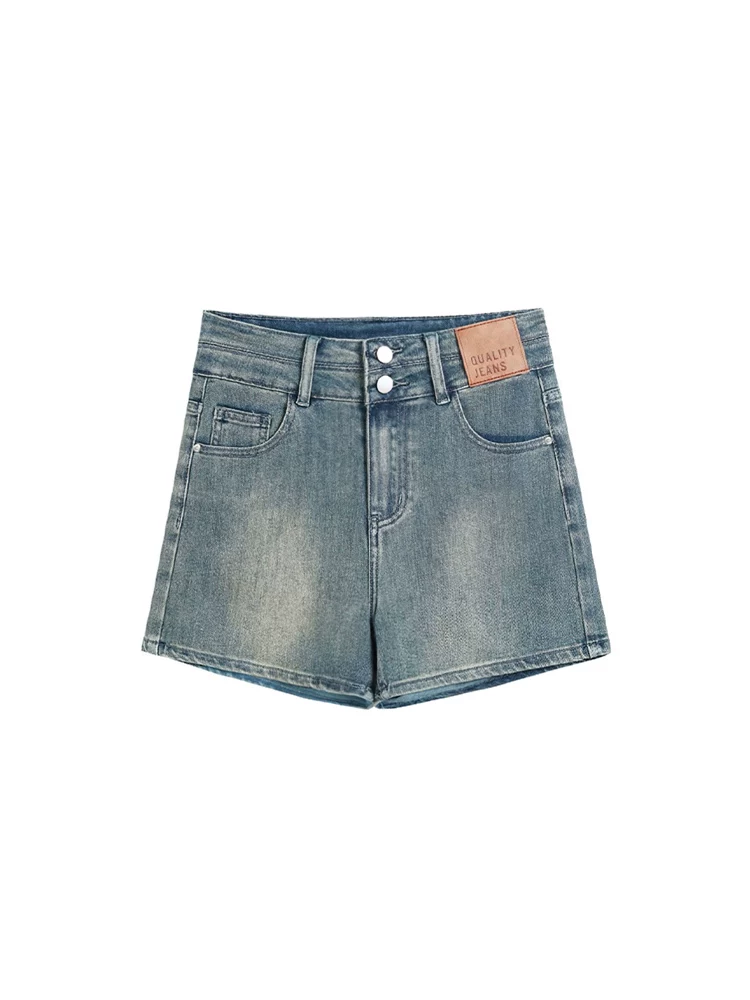 Quần short denim màu xanh cổ điển hình quả lê dành cho nữ, cỡ lớn mùa hè, lưng cao, co giãn, che hông, quần chữ A giảm béo