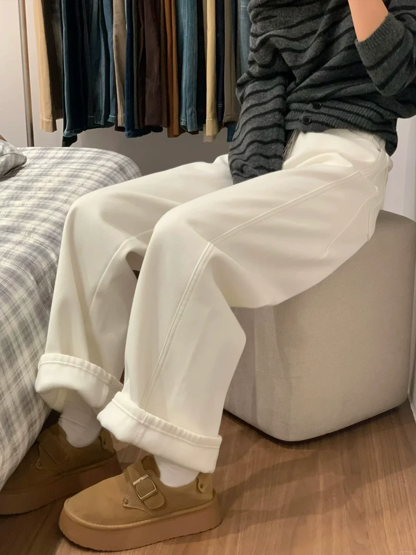 Quần jean ống rộng màu trắng dành cho nữ, mùa đông, cỡ lớn, lót lông cừu, dày dặn, cạp cao, dáng rộng, tôn dáng, dáng quả lê, quần ống thẳng