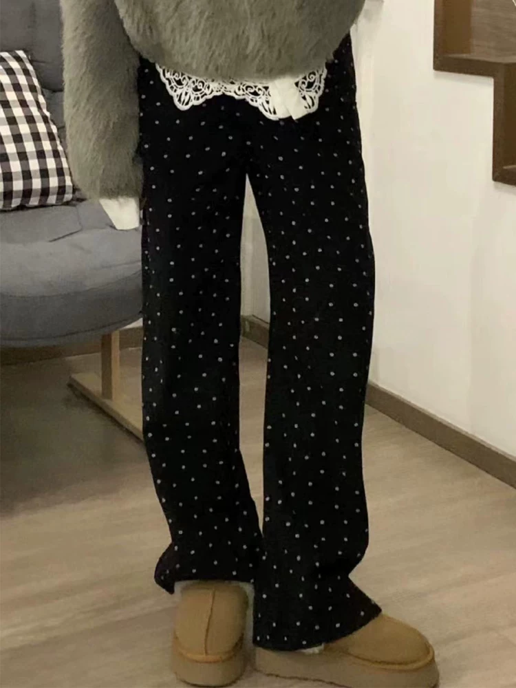 Quần jean ống đứng họa tiết chấm bi màu đen dành cho nữ, cỡ lớn, phong cách mới mùa xuân, lưng cao, dáng rộng, quần ống rộng giảm béo