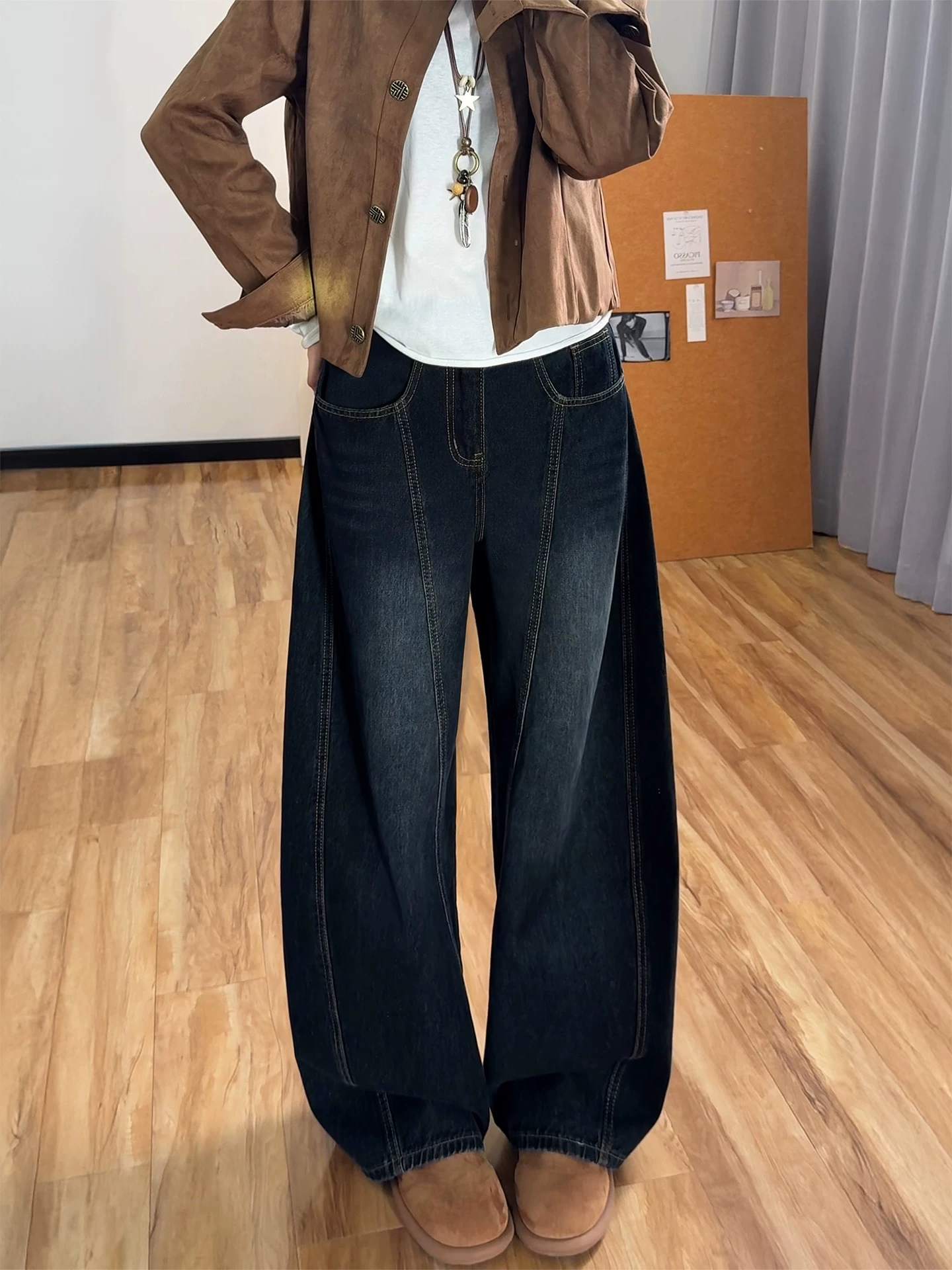 Quần jean thêu kiểu cổ điển Mỹ dành cho nữ, phong cách thu đông mới, cỡ lớn, lưng cao, dáng rộng, giảm béo, quần ống rộng