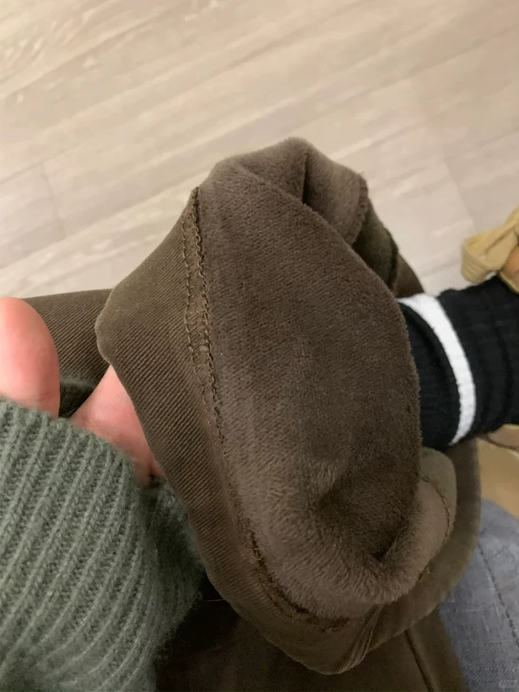 Quần ống loe màu cà phê Melard dành cho nữ, mùa thu đông, cỡ lớn, lót lông cừu, dày dặn, cạp cao, co giãn, che hông, quần denim thon gọn.