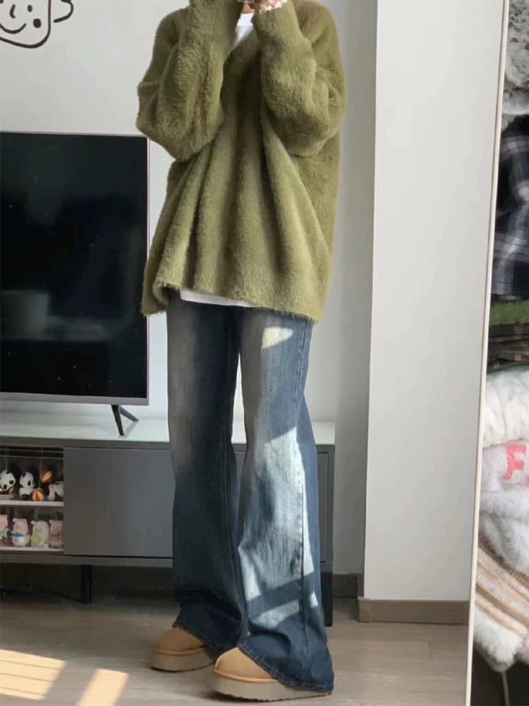 Quần jean bootcut màu xanh cổ điển dành cho nữ, cỡ lớn mùa đông, quần dài rộng ống rộng, cạp cao, dáng rộng, tôn dáng, dài chấm đất, thích hợp cho đầu xuân