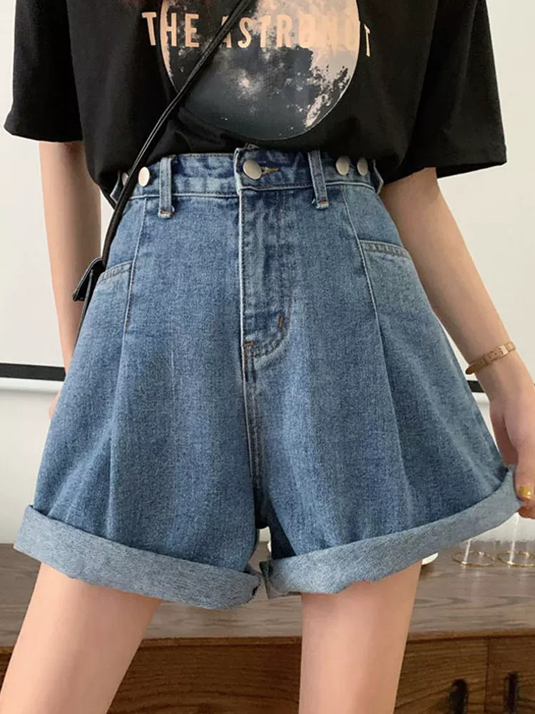 Quần short denim lưng cao cỡ lớn dành cho nữ, kiểu dáng mùa hè mới, dáng quả lê, dáng rộng, tôn dáng, quần năm điểm, quần ống rộng chữ A.
