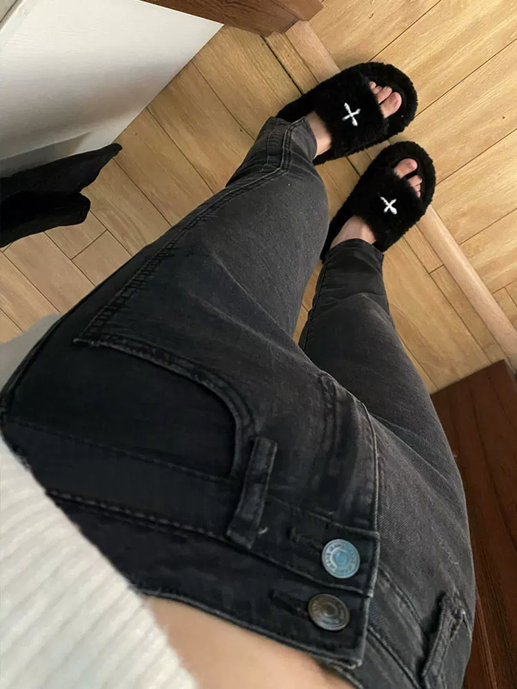 Quần jean ống đứng dáng quả lê dành cho nữ, phong cách mới đầu thu, cỡ lớn, lưng cao, giảm béo, che hông, quần thuốc lá ống lửng