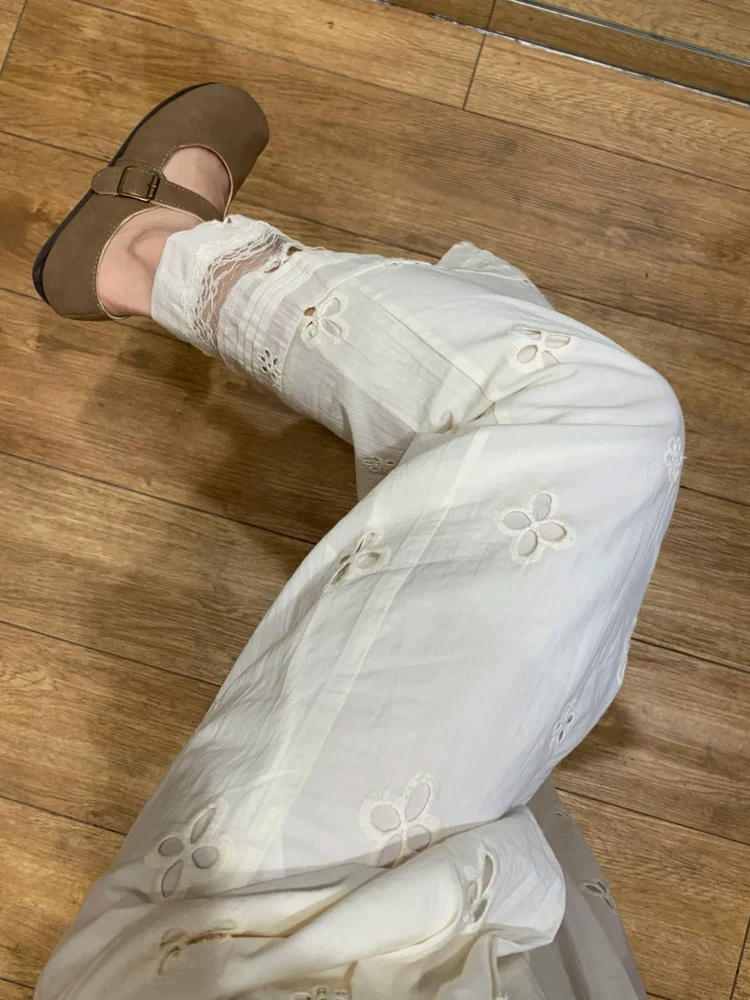 Quần ống rộng thường ngày màu trắng, kiểu vá chắp, dành cho nữ, cỡ lớn mùa hè, lưng cao, dáng rộng, tôn dáng, kiểu quần Miyuki Yamamoto.