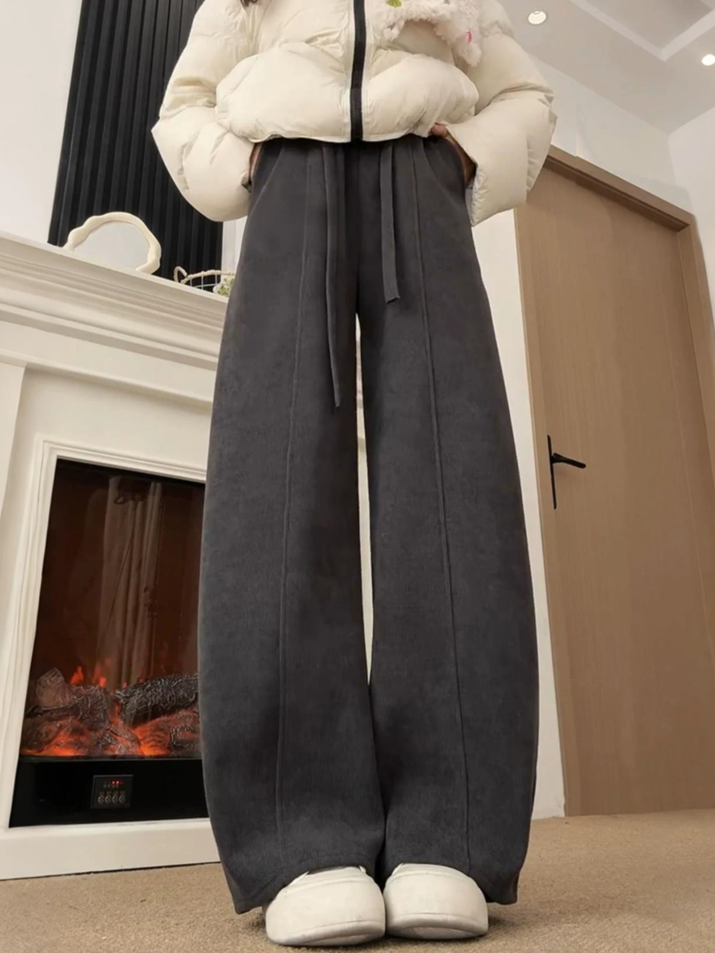Quần ống rộng dáng suông cho nữ, mùa thu đông, cỡ lớn, lưng cao, dáng suôn, tôn dáng, lót lông cừu, dày dặn, dáng quả lê, quần ống rộng