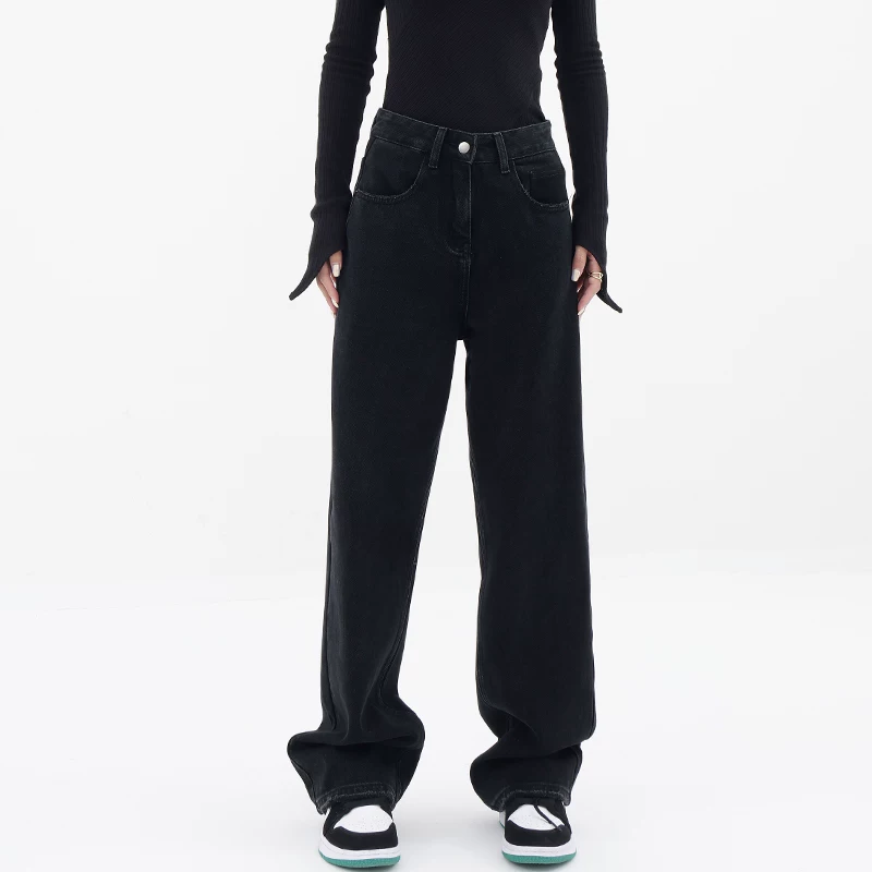 Quần jean ống thẳng lót lông cừu mùa thu đông dành cho nữ cỡ lớn, cạp cao, dáng rộng, che hông, giảm béo, mềm mại, ống rộng, quần dài đến sàn.