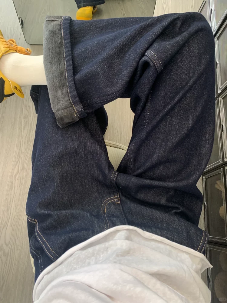 Quần jean ống đứng màu xanh đậm dành cho nữ, mùa thu đông, cỡ lớn, lót lông cừu, dày dặn, cạp cao, che hông, giảm béo, quần ống rộng.