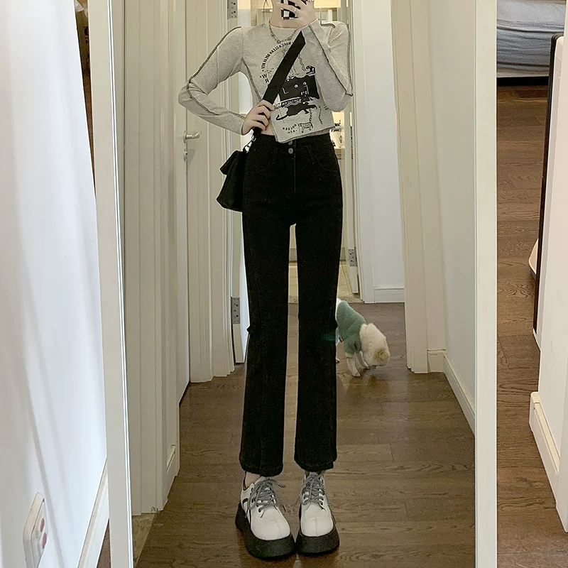 Quần jean xẻ tà dáng rộng cho nữ, trang phục đầu xuân, quần ống đứng co giãn cao cấp, cạp cao, tôn dáng, kiểu dáng ôm sát, quần ống thuốc lá ngắn, hợp thời trang