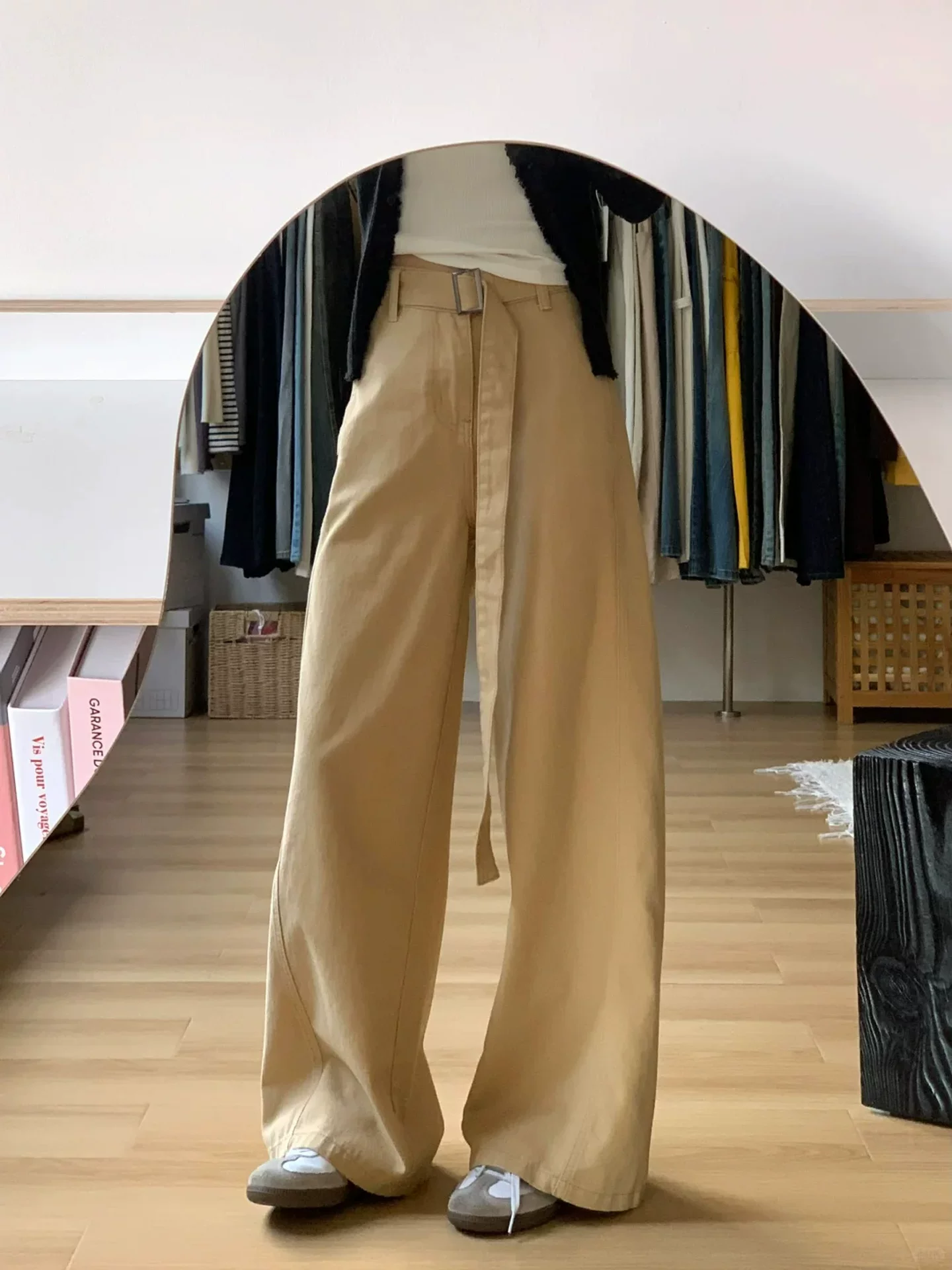 Quần jean ống rộng màu kaki cổ điển của Mỹ dành cho nữ, đầu mùa thu, cỡ lớn, lưng cao, dáng rộng, mềm mại, quần ống thẳng thông thường