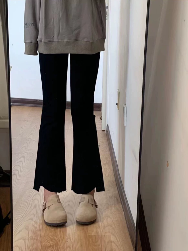 Quần jean dáng quả lê không đều cho phụ nữ cỡ lớn, phong cách đầu thu, lưng cao, co giãn, che hông, giảm béo, quần ống loe nhỏ nhắn