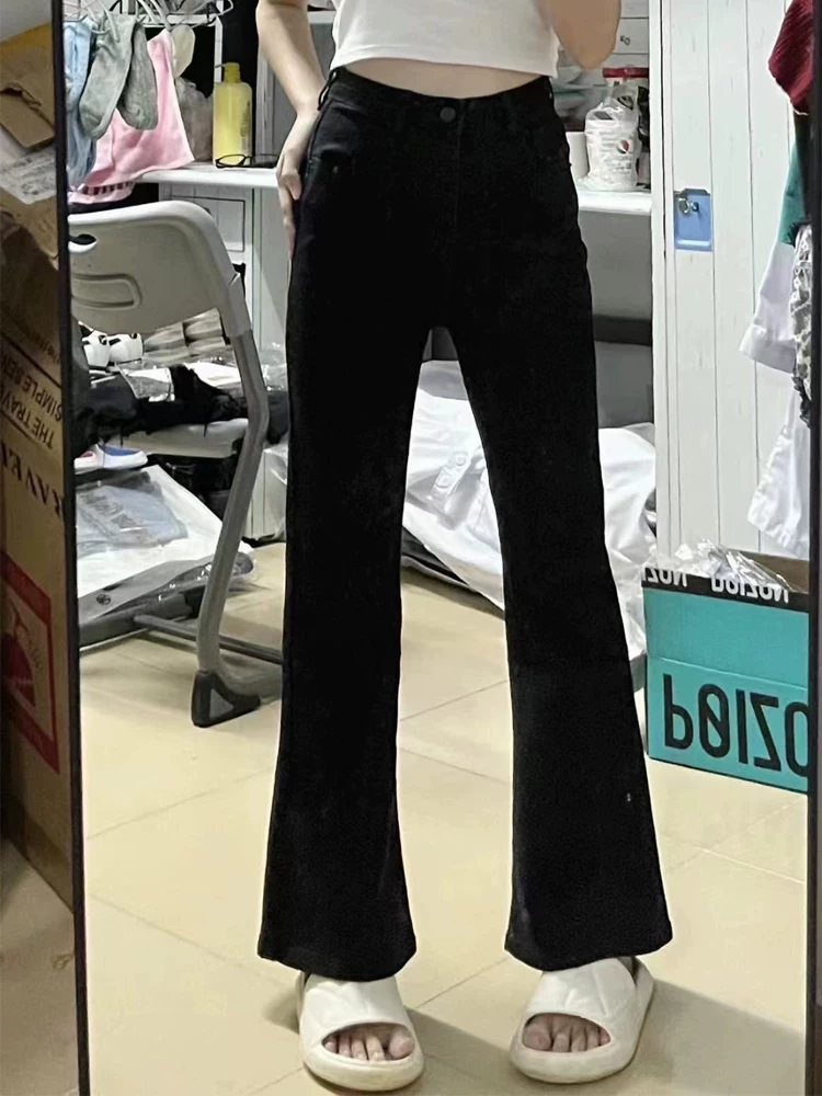 Quần jean ống đứng dáng loe nhỏ nhắn dành cho nữ, kiểu dáng mùa thu mới, cỡ lớn, cạp cao, co giãn, che hông, quần ống chuông tôn dáng.