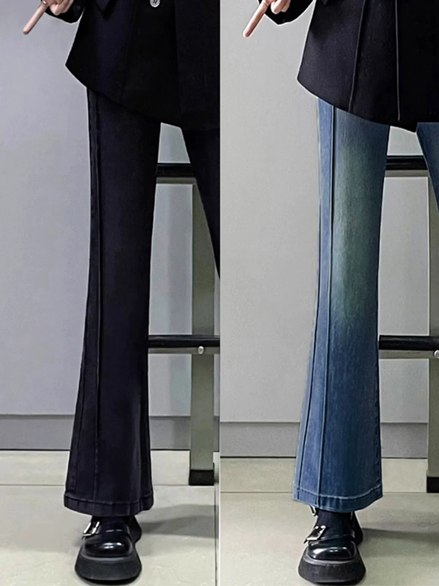 Quần jean ống đứng xòe dành cho nữ, mùa thu, cỡ lớn, cạp cao, co giãn, che hông, thon gọn, dáng quả lê, quần ống loe