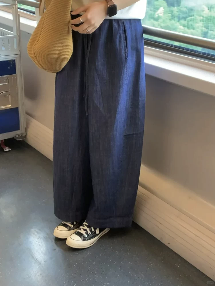 Quần cotton và vải lanh kiểu Nhật dành cho nữ, mùa hè 2025, mỏng, cỡ lớn, lưng cao, rộng rãi, tôn dáng, quần vải lanh ống rộng