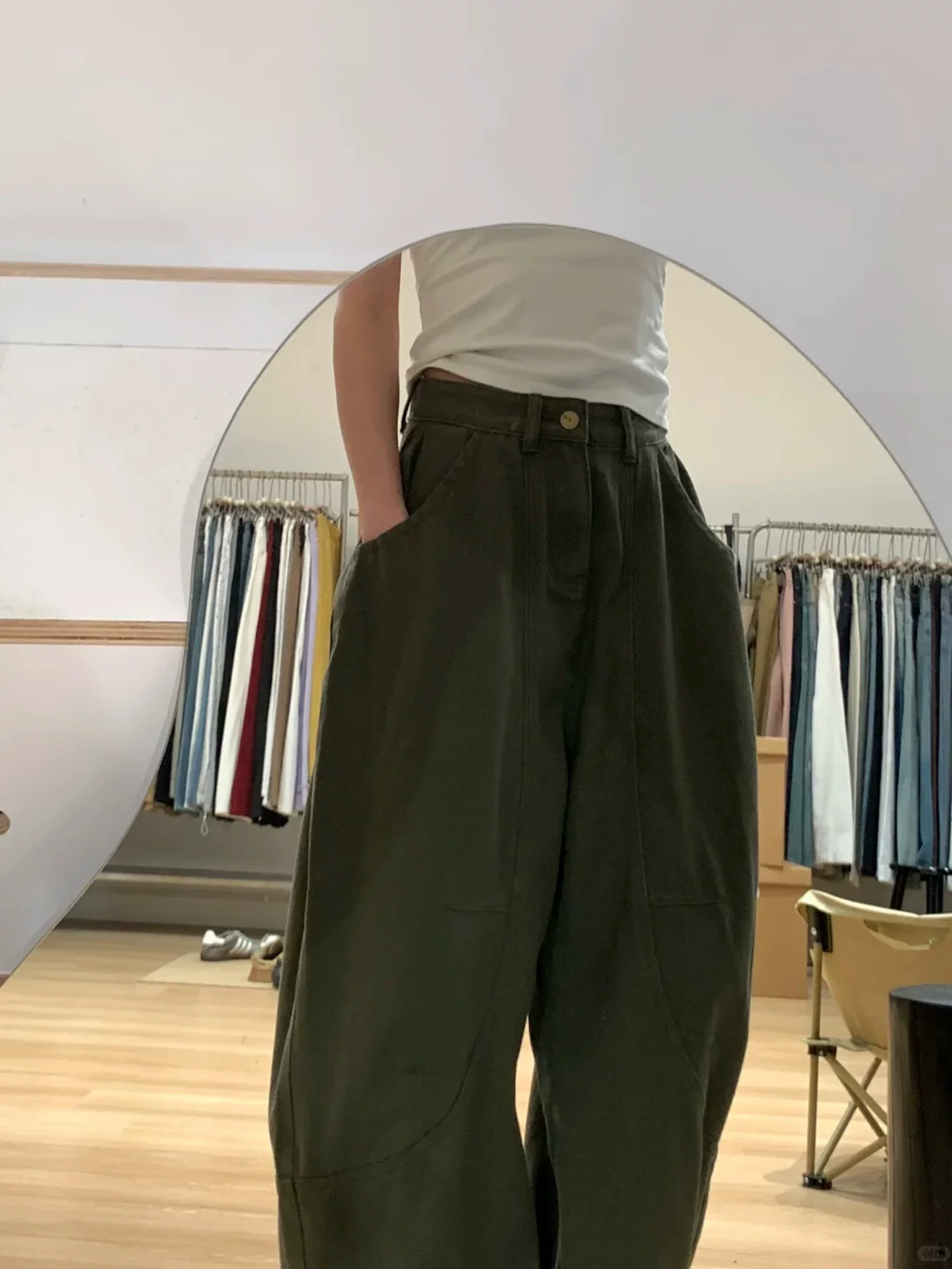 Quần jean ống rộng màu xanh quân đội dành cho nữ, phong cách mùa thu, cỡ lớn, lưng cao, dáng rộng, thon gọn, mềm mại, quần dài đến sàn