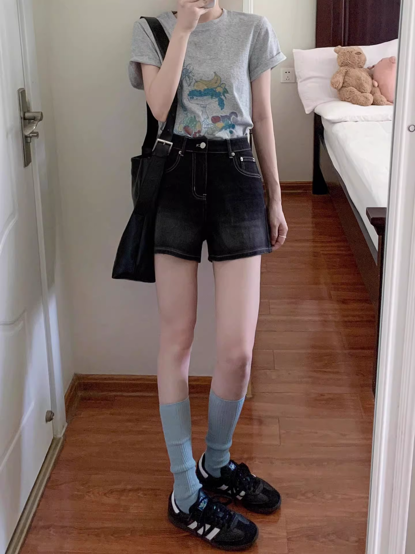 Quần short denim màu đen và xám dành cho nữ, cỡ lớn mùa hè, lưng cao, co giãn, che hông, giảm béo, dáng quả lê, quần chữ A