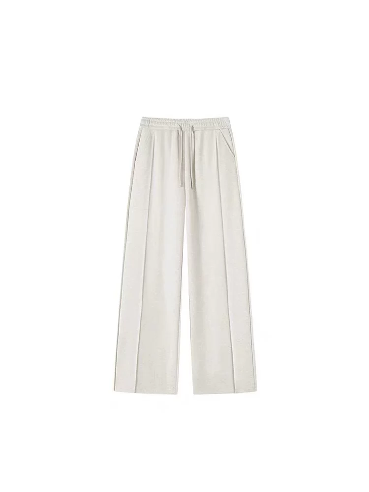 Quần âu len màu trắng nhạt dành cho nữ, cỡ lớn mùa đông, lót lông cừu, dày dặn, lưng cao, dáng rộng, suôn mềm, quần ống rộng giúp thon gọn.