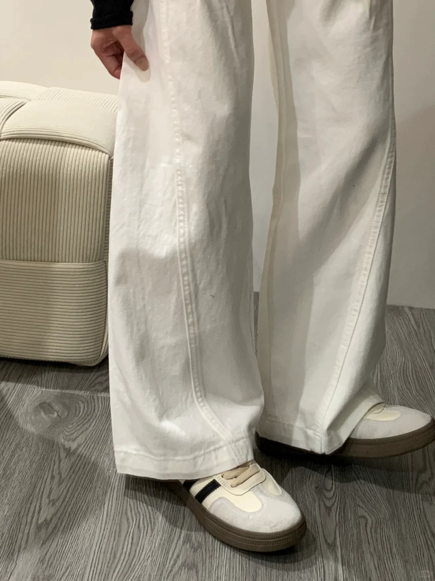 Quần jean trắng ống thẳng cho nữ, mùa thu, cỡ lớn, lưng cao, dáng rộng, giảm béo, dáng quả lê, quần ống rộng