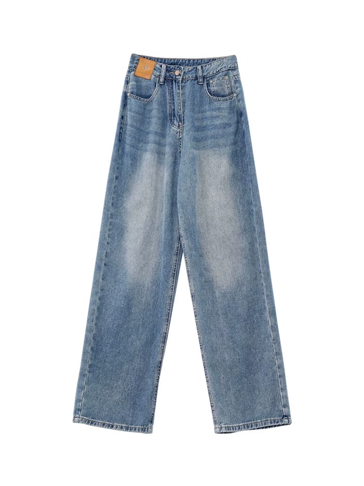 Quần jean ống thẳng dáng quả lê dành cho nữ, cỡ lớn, phong cách đầu thu, lưng cao, dáng rộng, dáng suông, quần dài rộng, dài đến sàn