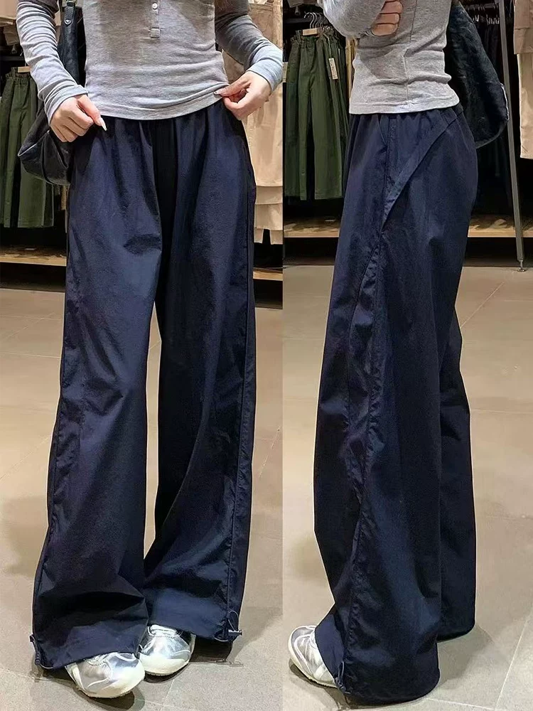 Quần cargo màu xanh hải quân dành cho nữ, phong cách mùa hè mới, cỡ lớn, lưng cao, dáng rộng, tôn dáng, dáng quả lê, quần ống rộng thông thường