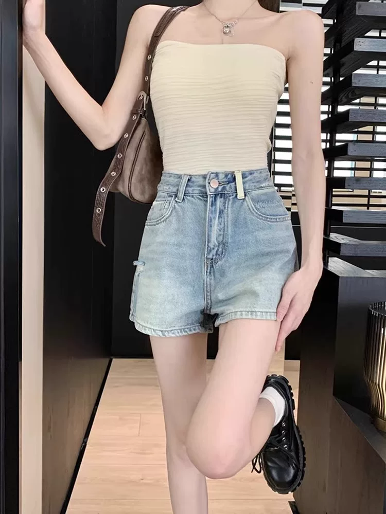 Quần short denim rách dáng quả lê dành cho nữ, size lớn mùa hè, cạp cao, tôn dáng, quần ống rộng dáng chữ A nhỏ nhắn, quyến rũ