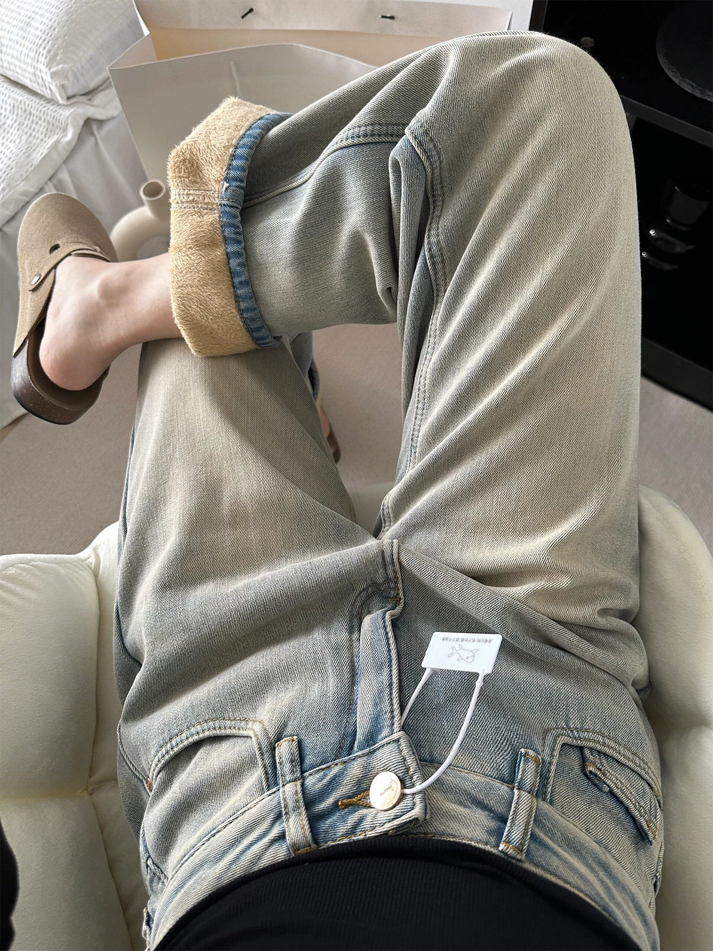 Quần jean ống thẳng dày lót lông cừu dành cho nữ, mùa thu đông, cỡ lớn, lưng cao, dáng rộng, giảm béo, dáng quả lê, quần ống rộng