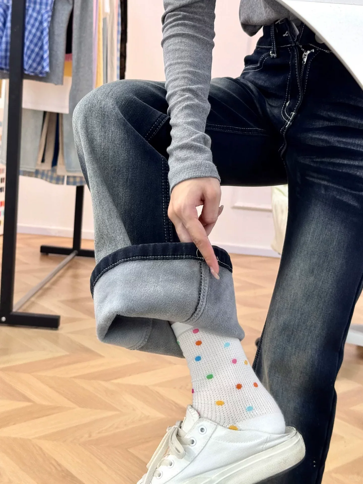 Quần jean ống loe kiểu Mỹ cổ điển dành cho nữ, mùa thu đông, cỡ lớn, lót lông cừu, dày dặn, cạp cao, co giãn, tôn dáng, quần dài chạm sàn