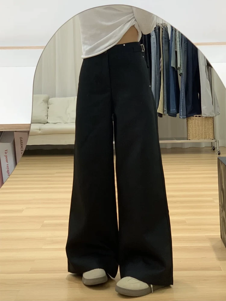 Quần tây ống rộng màu đen dành cho nữ, kiểu dáng mới mùa xuân, cỡ lớn, lưng cao, dáng rộng, thon gọn, dáng quả lê, quần thường ngày mềm mại