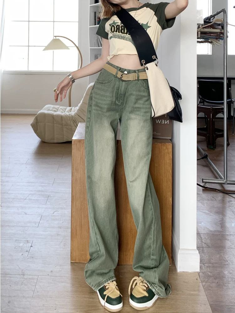 Thân hình quả lê, quần jean xanh cổ điển kiểu Mỹ, dành cho nữ cỡ lớn, lưng cao, dáng rộng, tôn dáng, ống rộng, quần dài chạm sàn