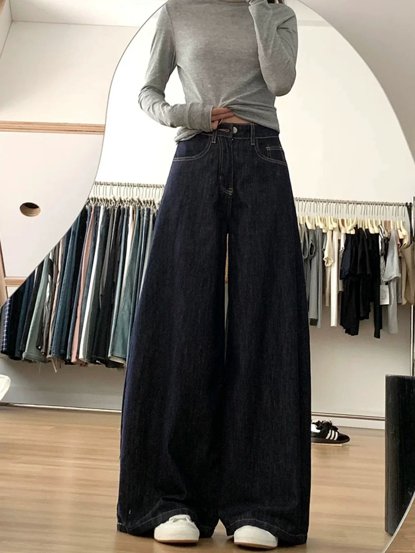 Quần jean ống rộng chữ A lưng cao màu xanh đậm dành cho nữ, mùa thu, cỡ lớn, dáng rộng, tôn dáng, dáng quả lê, quần dài chạm sàn