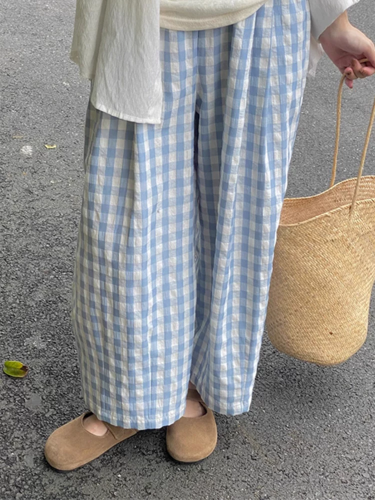 Quần Cloud quần thường ngày dành cho nữ, cỡ lớn mùa hè, quần kẻ sọc xanh dành cho phụ nữ nhỏ nhắn, quần cạp cao, quần ống rộng, quần ống rộng.