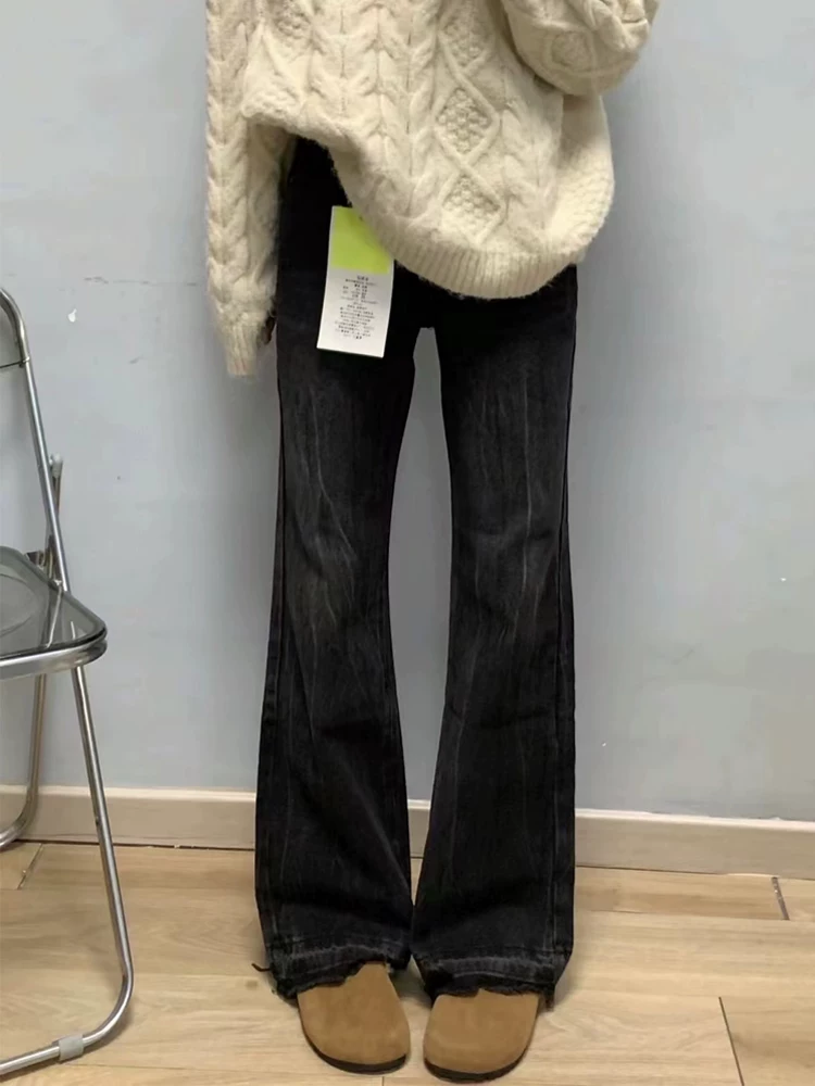Quần jean ống đứng dành cho nữ, kiểu thu đông, lót lông cừu, cỡ lớn, màu đen và xám, không bó sát ở chân, cạp cao, quần ống loe che hông.